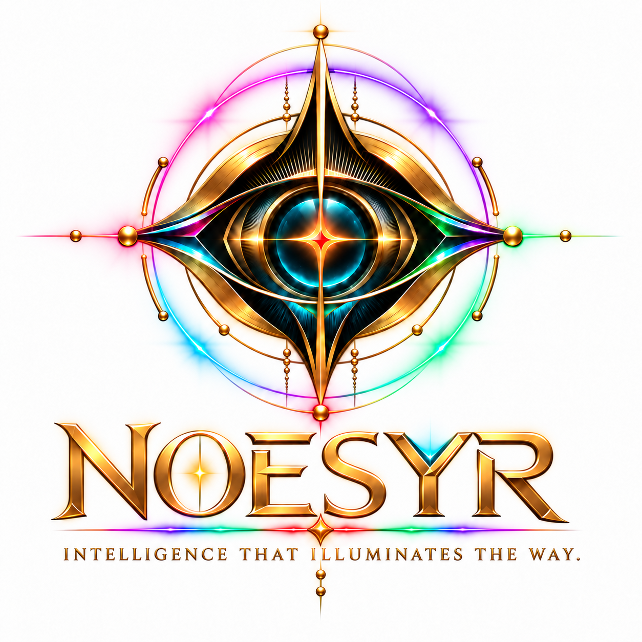 NOESYR — Intelligence That Illuminates the Way. Approved gold celestial eye logo with magenta, teal, green, purple and red accents on white.